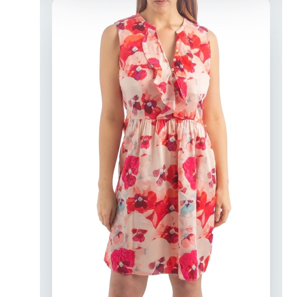 Ann Taylor LOFT Pink Floral Poppy Ruffle V-Neck Sleeveless Belted Dress Size 6